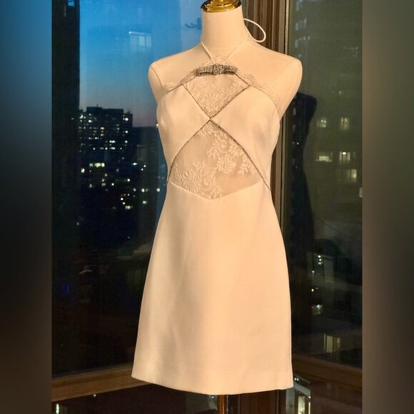🆕 SELF PORTRAIT 🧿 NWOT White Crepe Halterneck Mini Dress, Sz UK 8 / US 4 - Picture 11 of 16